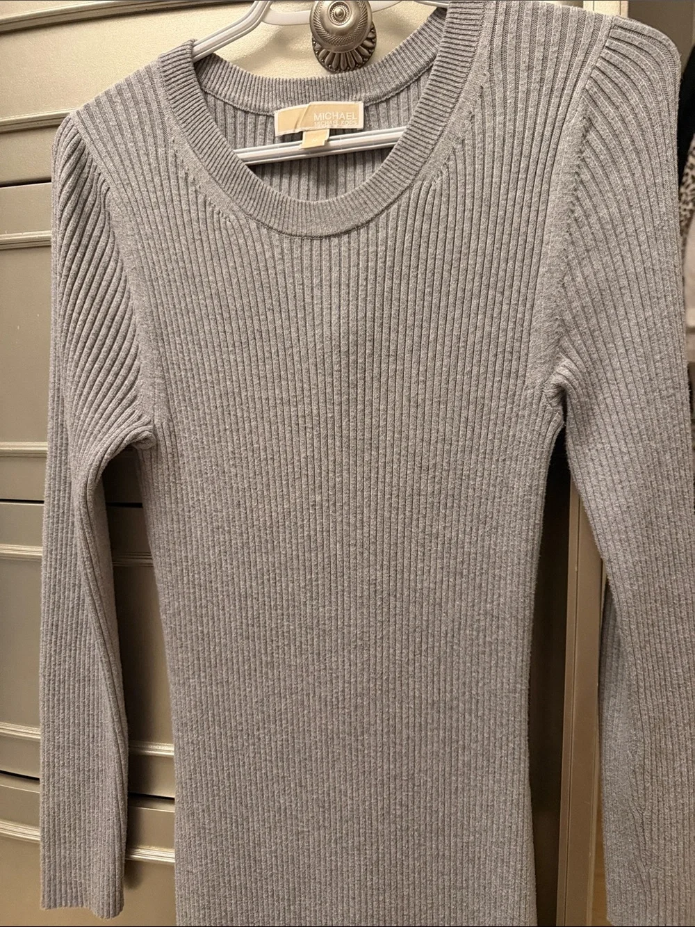 Michael Kors Gray Ribbed Long-Sleeve Maxi Dress with Front Ruffle detail